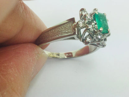 14k White Gold Emerald Cut 0.50ct Emerald May Birthstone & 0.24ct Diamond Cluster Ring