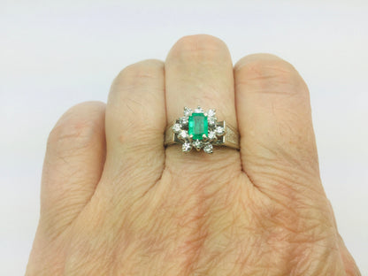 14k White Gold Emerald Cut 0.50ct Emerald May Birthstone & 0.24ct Diamond Cluster Ring