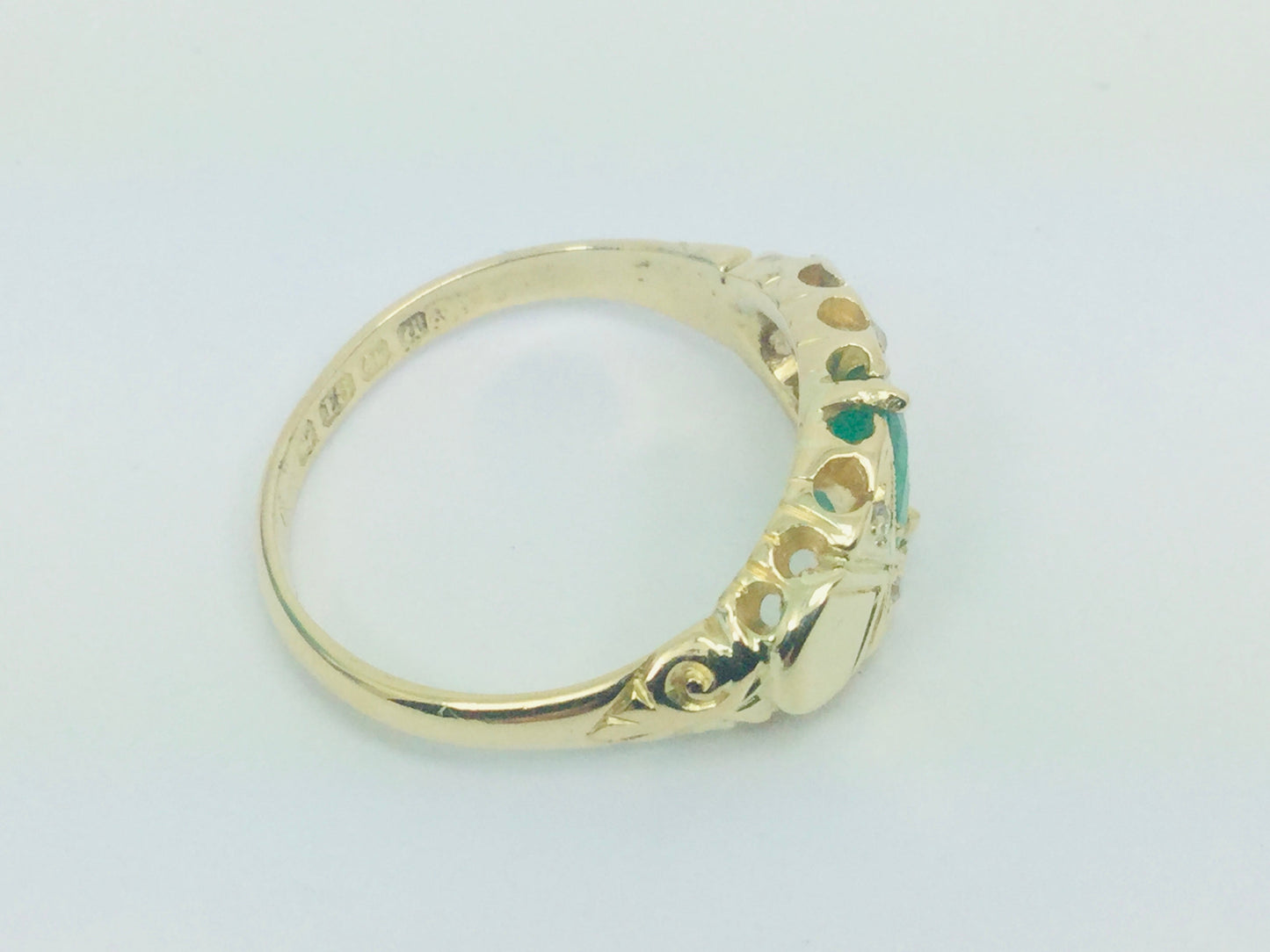 18k Yellow Gold Oval Cut 75pt Emerald May Birthstone & 6pt Diamond Ring