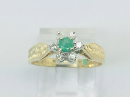 14k Yellow Gold Round Cut 12pt Emerald May Birthstone & 12pt Diamond Halo Ring