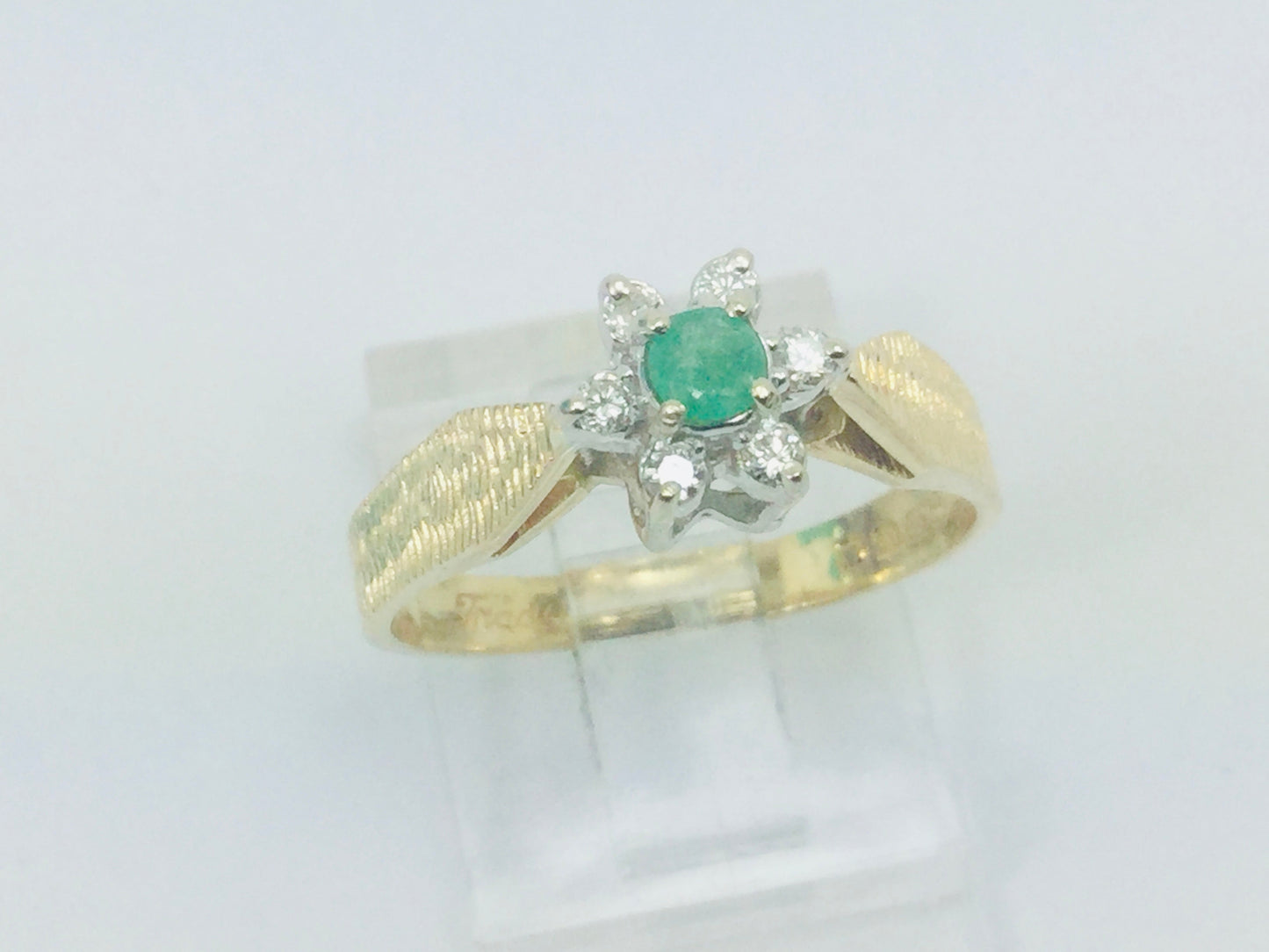 14k Yellow Gold Round Cut 12pt Emerald May Birthstone & 12pt Diamond Halo Ring
