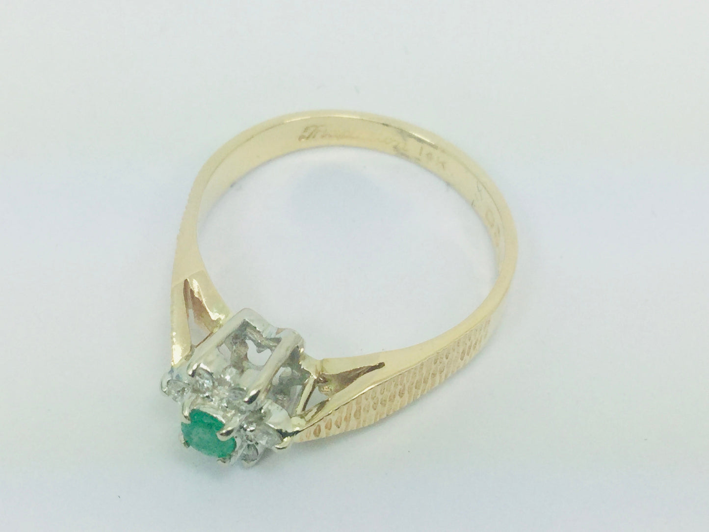 14k Yellow Gold Round Cut 12pt Emerald May Birthstone & 12pt Diamond Halo Ring