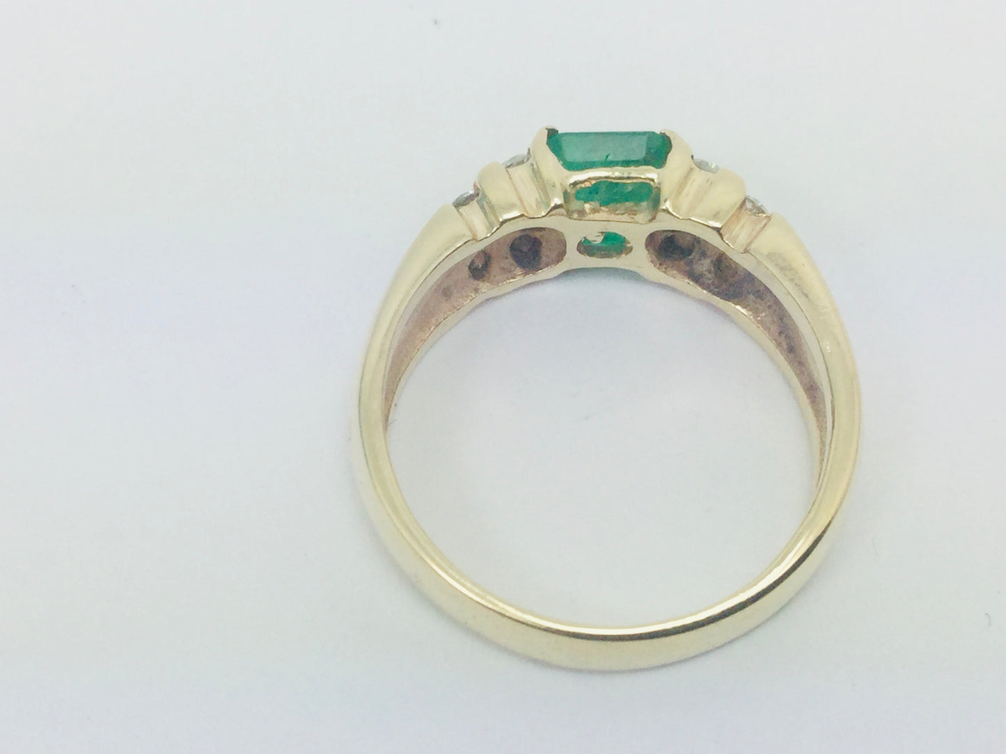 14k Yellow Gold Emerald Cut 75pt Emerald May Birthstone & 36pt Diamond Row Set Ring