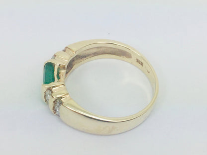 14k Yellow Gold Emerald Cut 75pt Emerald May Birthstone & 36pt Diamond Row Set Ring