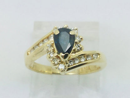 14k Yellow Gold Pear Cut 0.50ct Sapphire September Birthstone & 0.25ct Diamond Ring