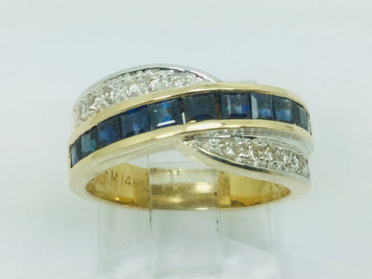 14k Yellow Gold Princess Cut 0.88ct Sapphire & 0.12ct Diamond Row Set Ring