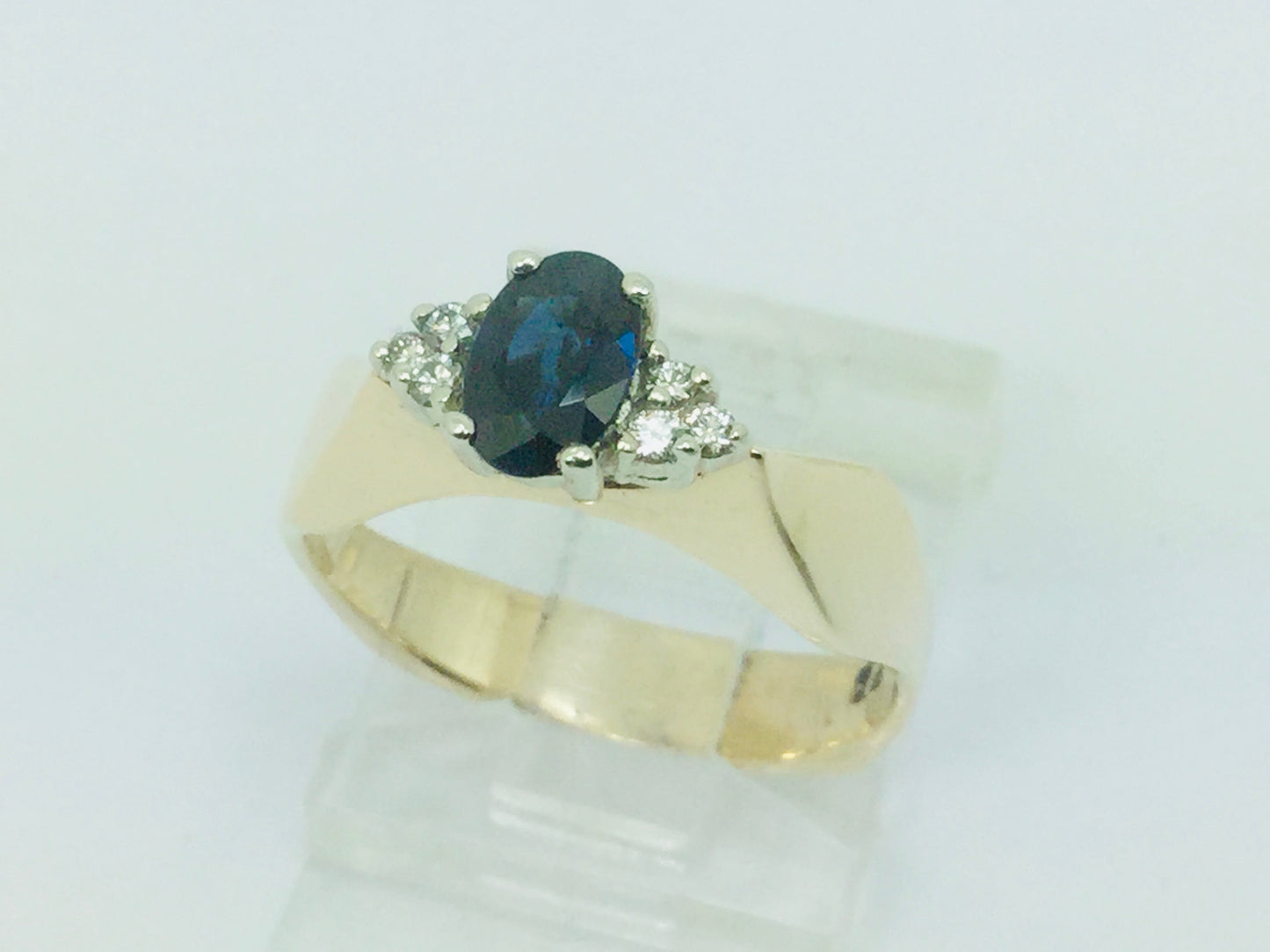 14k Yellow Gold Oval Cut 50pt Sapphire September Birthstone & 6pt Diamond Geometric Ring