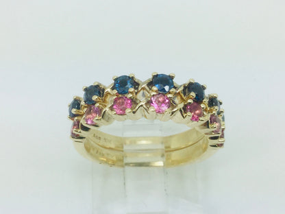 10k Yellow Gold Round Cut 42pt Blue Topaz & 20pt Rose Tourmaline Ring Set