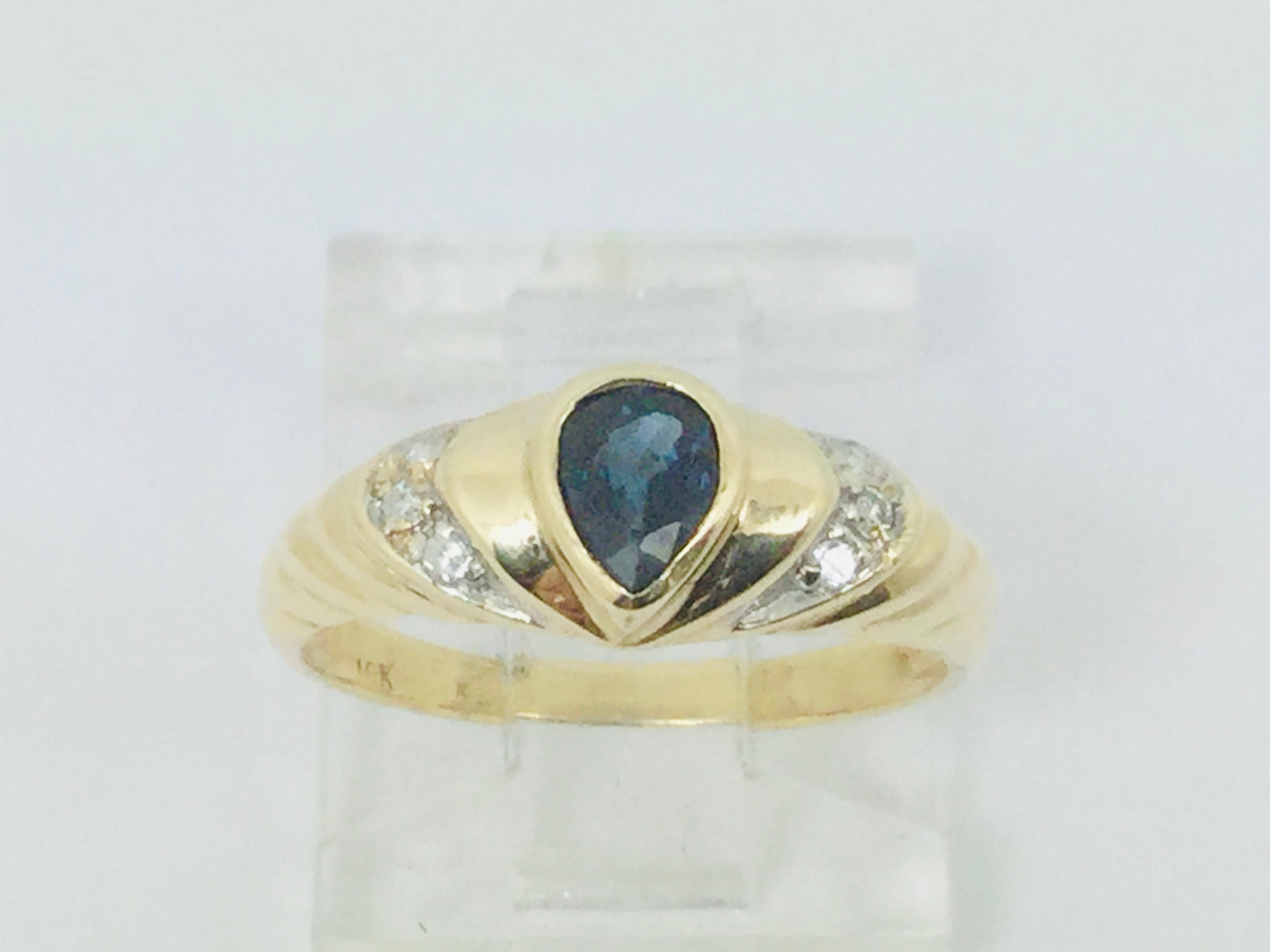 10k Yellow Gold Pear Cut 30pt Sapphire September Birthstone & 3pt Diamond Ring