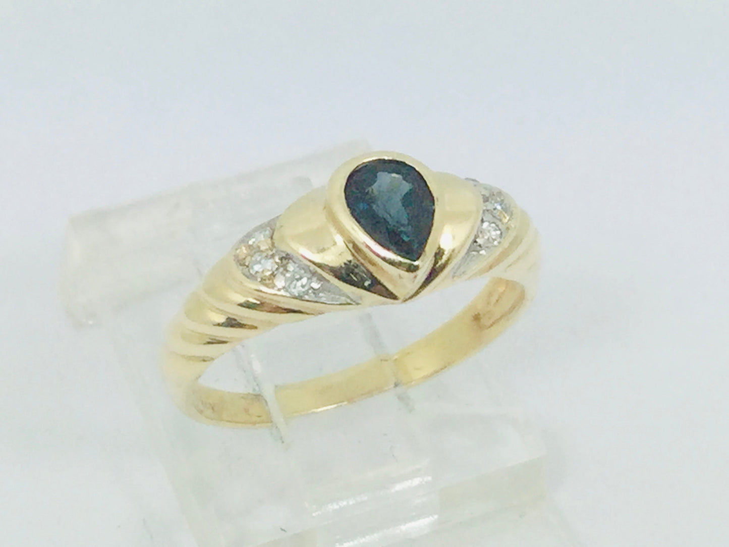 10k Yellow Gold Pear Cut 30pt Sapphire September Birthstone & 3pt Diamond Ring
