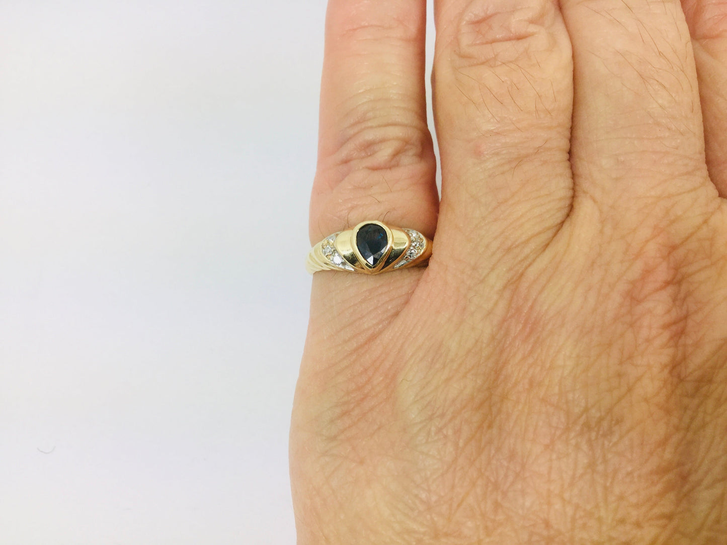 10k Yellow Gold Pear Cut 30pt Sapphire September Birthstone & 3pt Diamond Ring