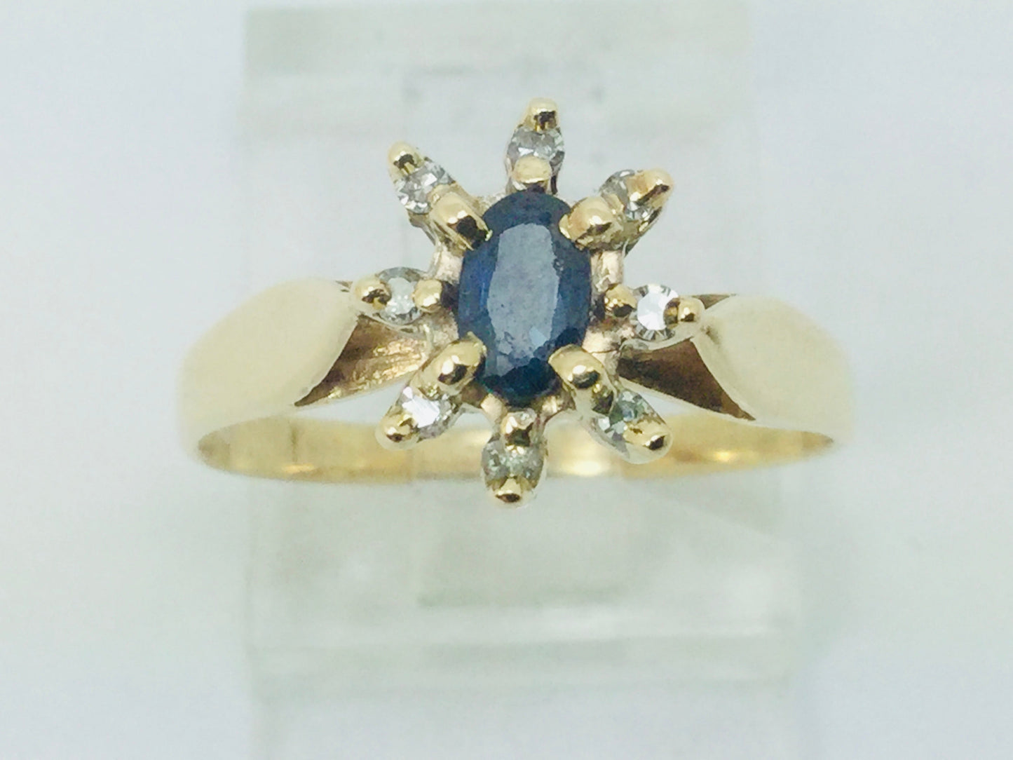 10k Yellow Gold Oval Cut 25pt Sapphire September Birthstone & 8pt Diamond Halo Ring