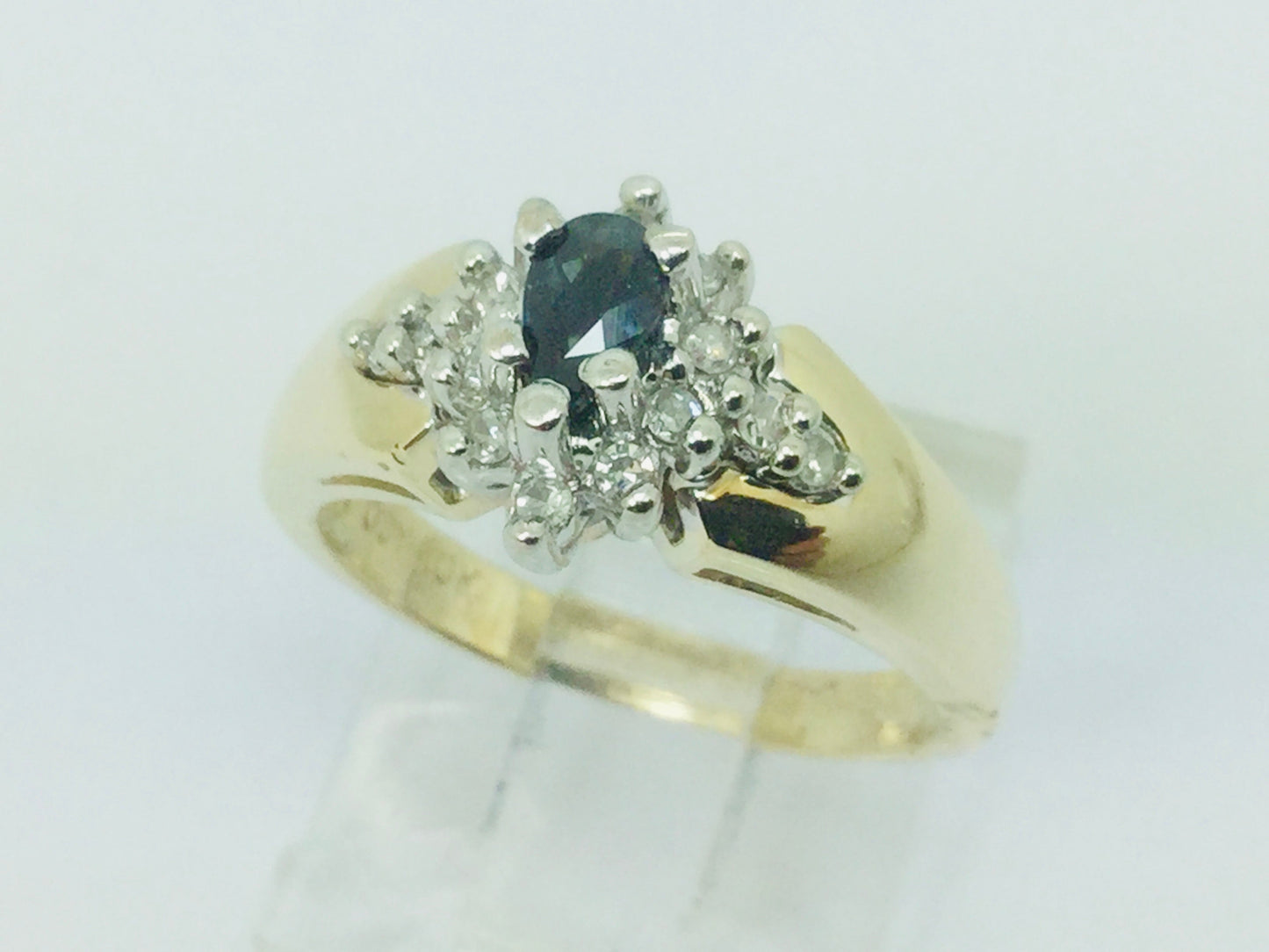 10k Yellow Gold Oval Cut 30pt Sapphire September Birthstone & 14pt Diamond Halo Cluster Ring