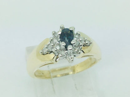 10k Yellow Gold Oval Cut 30pt Sapphire September Birthstone & 14pt Diamond Halo Cluster Ring
