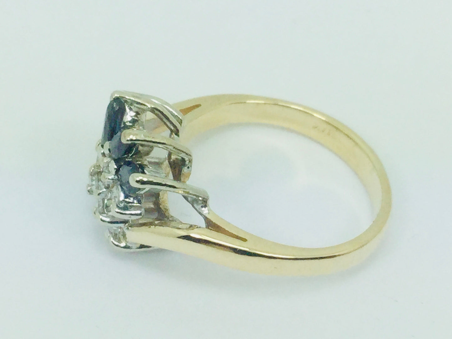 14k Yellow Gold Marquise Cut 40pt Sapphire September Birthstone & 18pt Diamond Cluster Ring