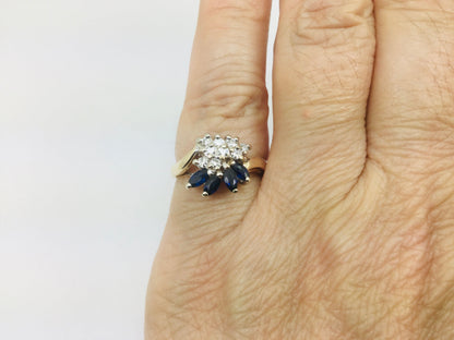 14k Yellow Gold Marquise Cut 40pt Sapphire September Birthstone & 18pt Diamond Cluster Ring