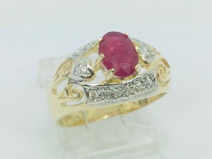 14k Yellow Gold Oval Cut 75pt Ruby July Birthstone & 14pt Diamond Ring