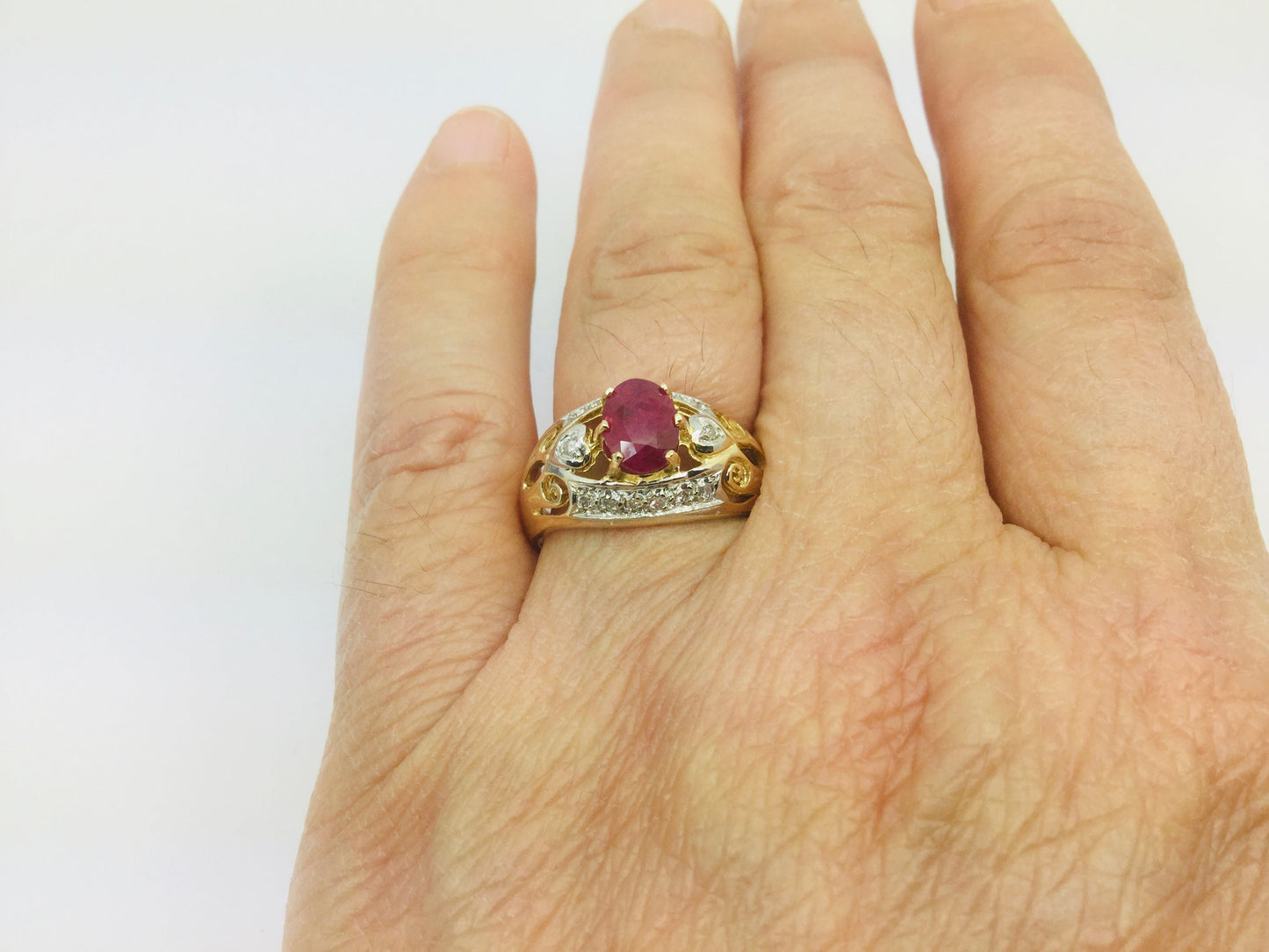 14k Yellow Gold Oval Cut 75pt Ruby July Birthstone & 14pt Diamond Ring