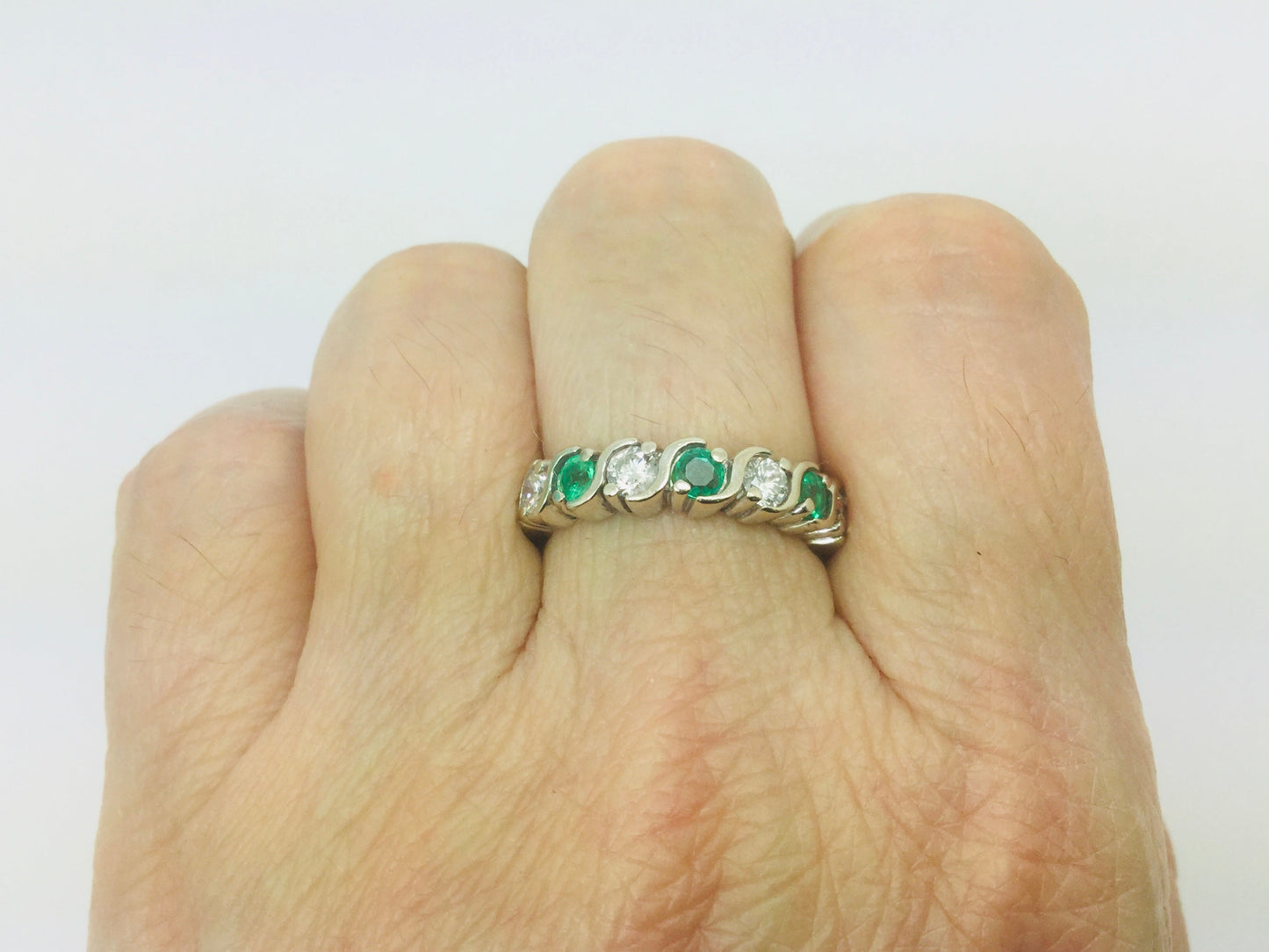 10k White Gold Brilliant Cut 48pt Diamond & 36 pt Emerald May Birthstone Ring