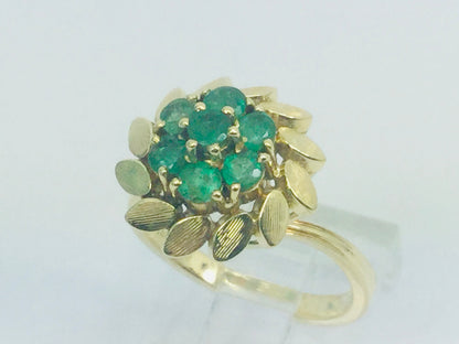 18k Yellow Gold Round Cut Emerald May Birthstone Floral & Leaf Ring