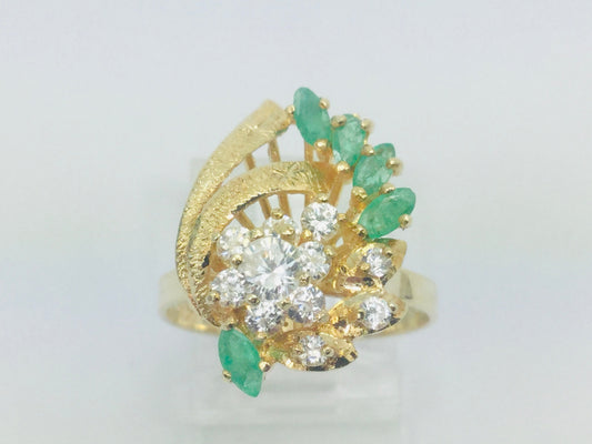 14k Yellow Gold Marquise Cut 0.50ct Emerald May Birthstone & Cubic Zirconia (CZ) Cluster Leaf Ring