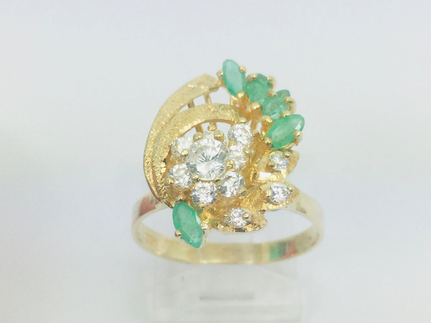 14k Yellow Gold Marquise Cut 0.50ct Emerald May Birthstone & Cubic Zirconia (CZ) Cluster Leaf Ring