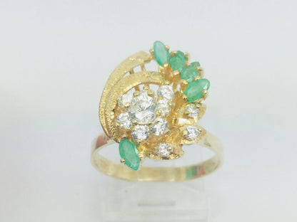14k Yellow Gold Marquise Cut 0.50ct Emerald May Birthstone & Cubic Zirconia (CZ) Cluster Leaf Ring