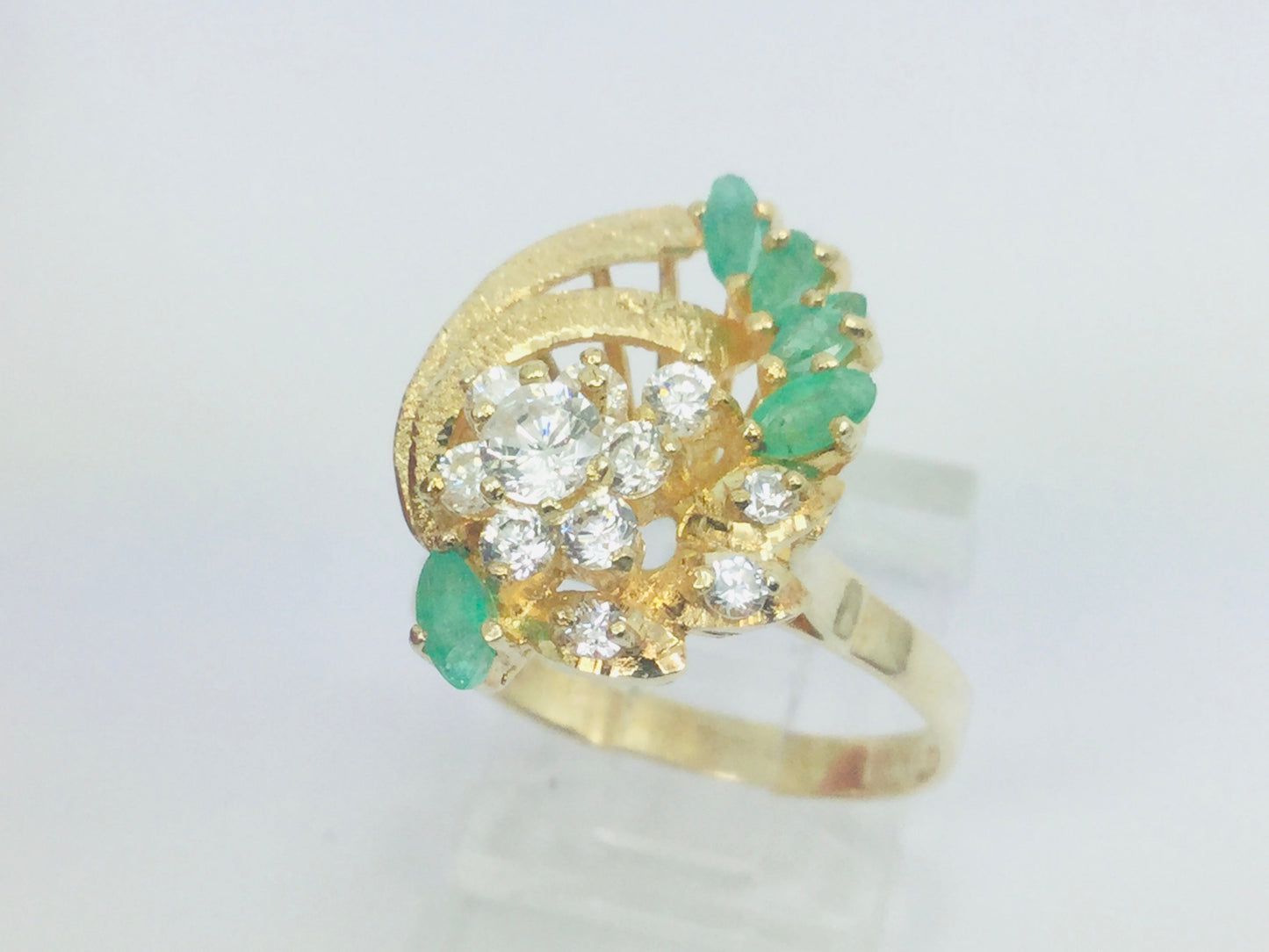 14k Yellow Gold Marquise Cut 0.50ct Emerald May Birthstone & Cubic Zirconia (CZ) Cluster Leaf Ring