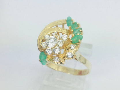 14k Yellow Gold Marquise Cut 0.50ct Emerald May Birthstone & Cubic Zirconia (CZ) Cluster Leaf Ring