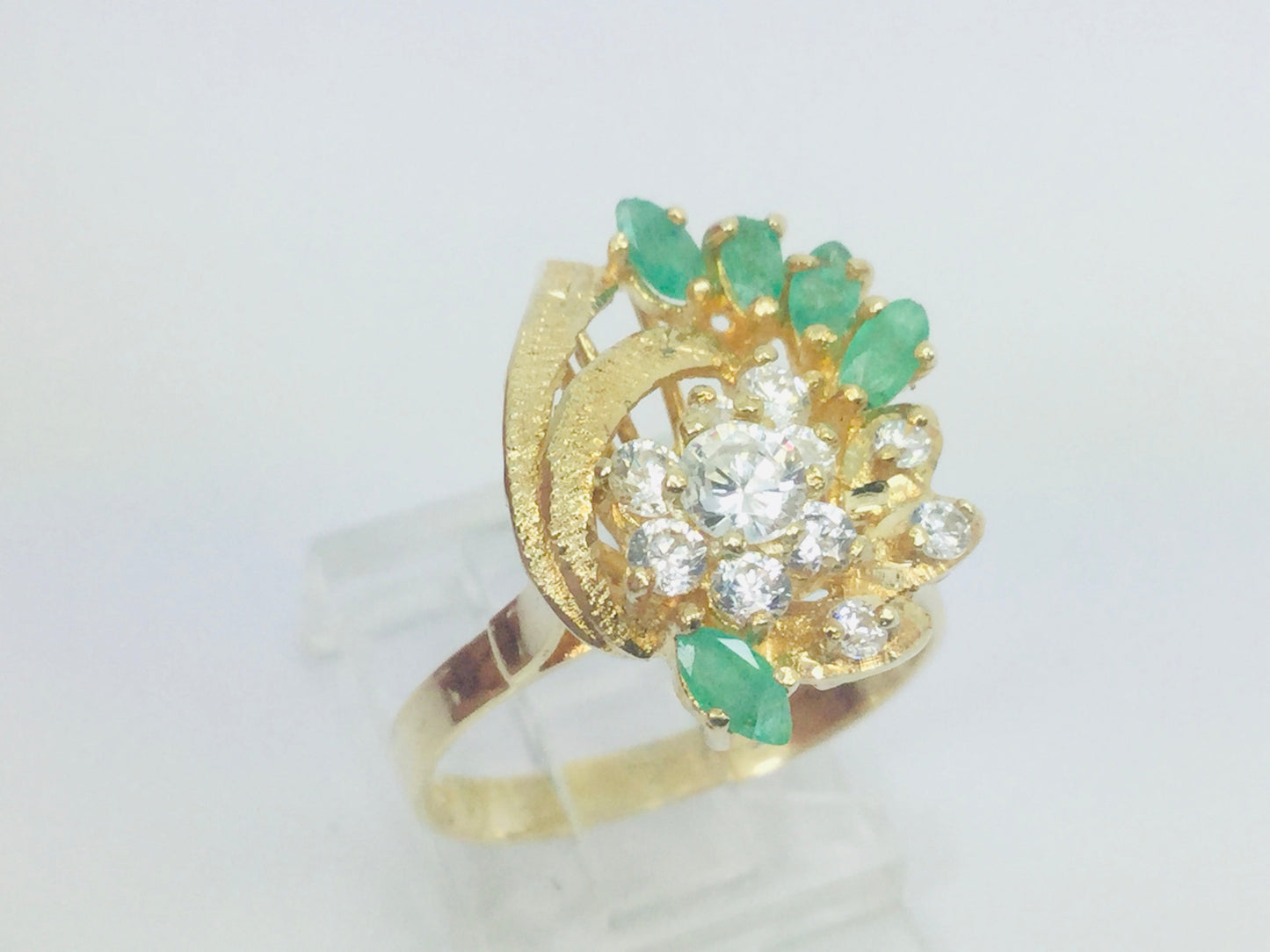 14k Yellow Gold Marquise Cut 0.50ct Emerald May Birthstone & Cubic Zirconia (CZ) Cluster Leaf Ring