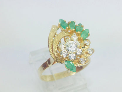 14k Yellow Gold Marquise Cut 0.50ct Emerald May Birthstone & Cubic Zirconia (CZ) Cluster Leaf Ring