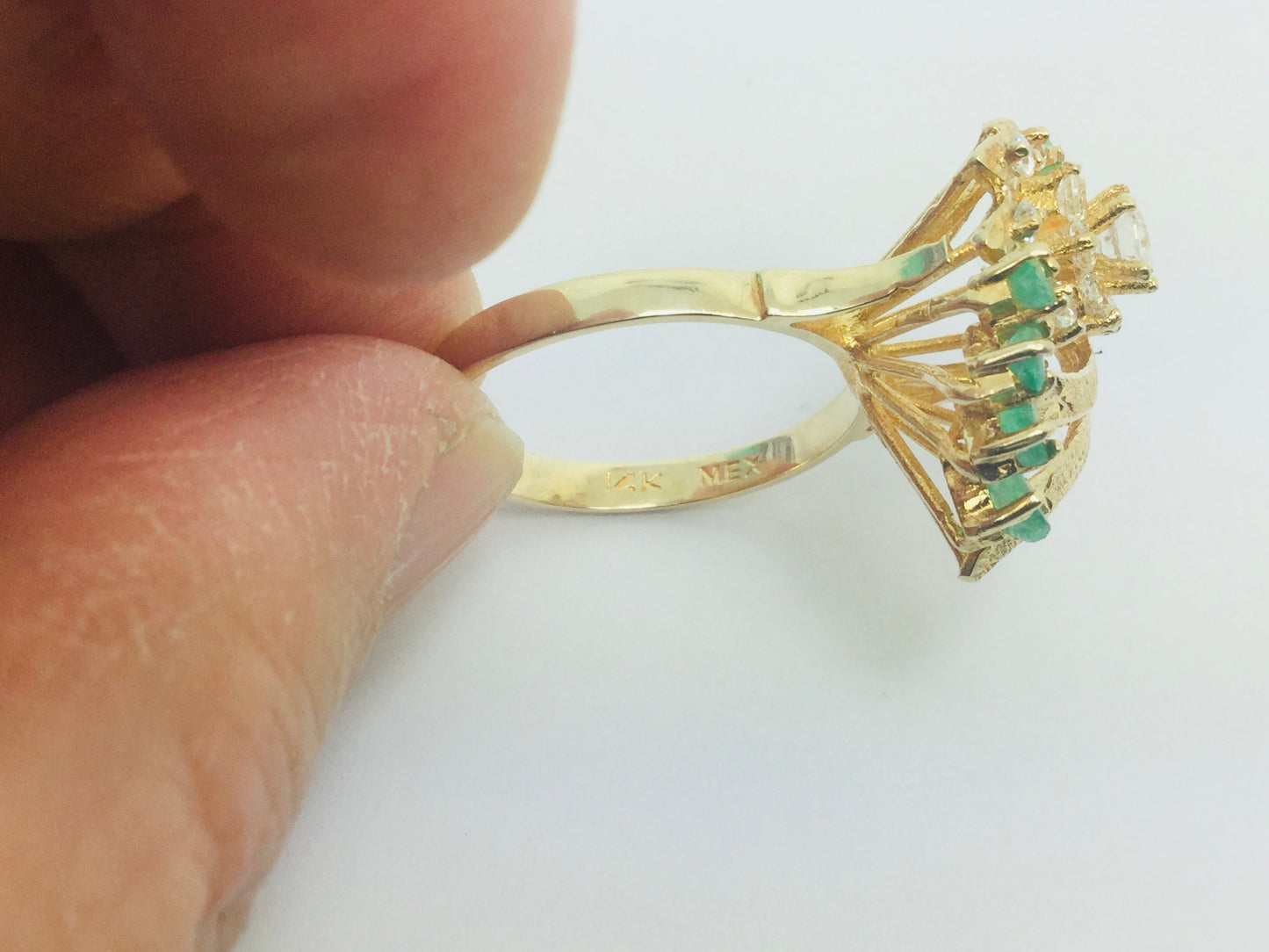 14k Yellow Gold Marquise Cut 0.50ct Emerald May Birthstone & Cubic Zirconia (CZ) Cluster Leaf Ring