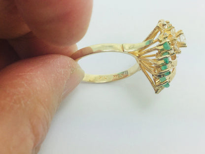 14k Yellow Gold Marquise Cut 0.50ct Emerald May Birthstone & Cubic Zirconia (CZ) Cluster Leaf Ring