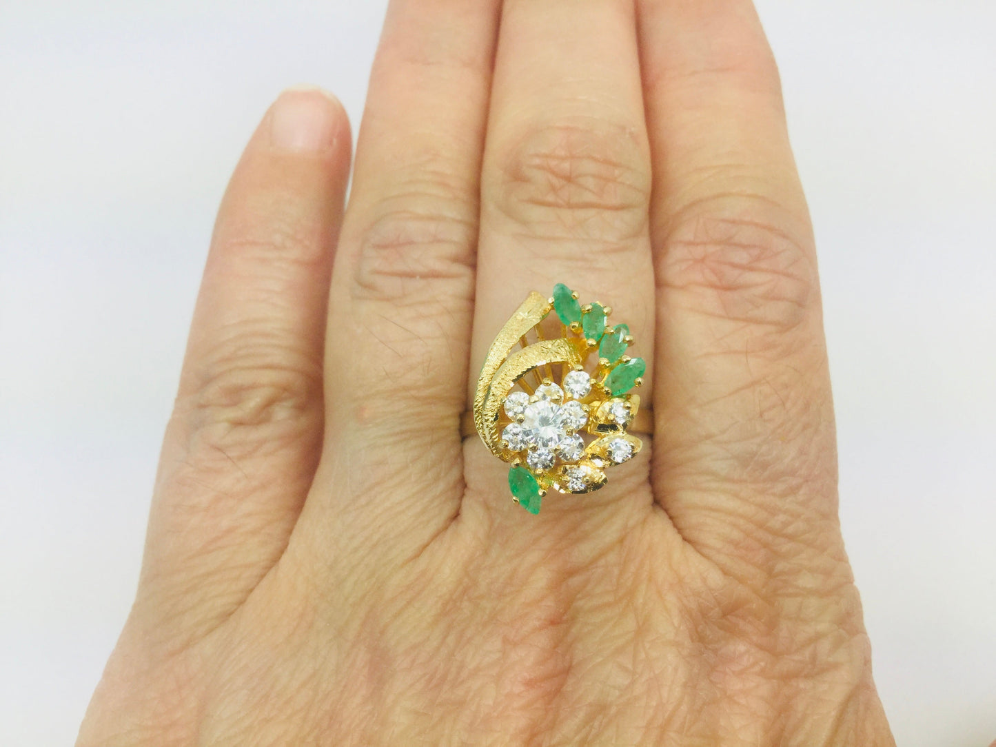 14k Yellow Gold Marquise Cut 0.50ct Emerald May Birthstone & Cubic Zirconia (CZ) Cluster Leaf Ring