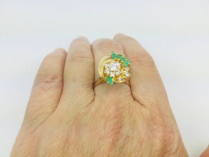 14k Yellow Gold Marquise Cut 0.50ct Emerald May Birthstone & Cubic Zirconia (CZ) Cluster Leaf Ring