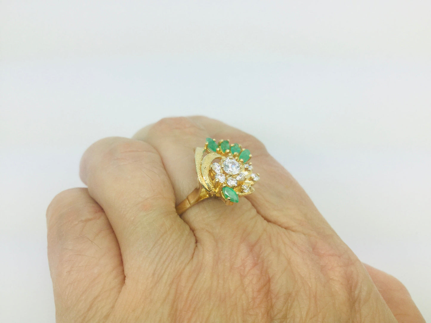 14k Yellow Gold Marquise Cut 0.50ct Emerald May Birthstone & Cubic Zirconia (CZ) Cluster Leaf Ring