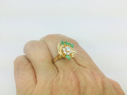 14k Yellow Gold Marquise Cut 0.50ct Emerald May Birthstone & Cubic Zirconia (CZ) Cluster Leaf Ring