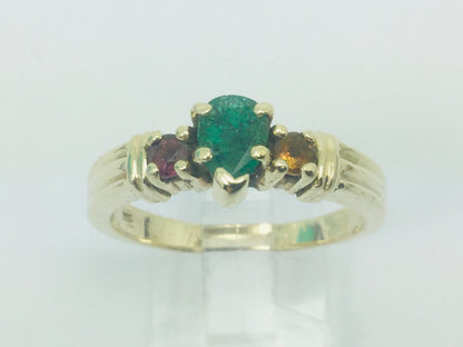 10k Yellow Gold Pear Cut Emerald May Birthstone, Citrine and Garnet Ring