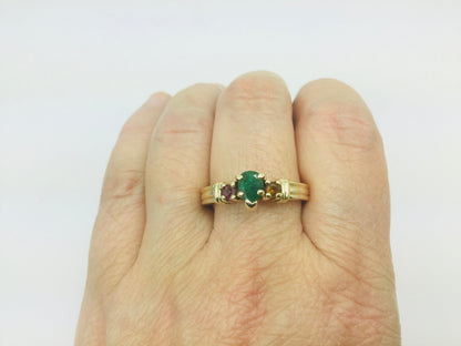 10k Yellow Gold Pear Cut Emerald May Birthstone, Citrine and Garnet Ring