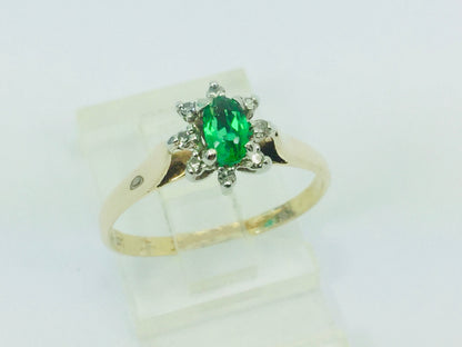 10k Yellow Gold Oval Cut 25pt Emerald May Birthstone & 8pt Diamond Cluster Ring