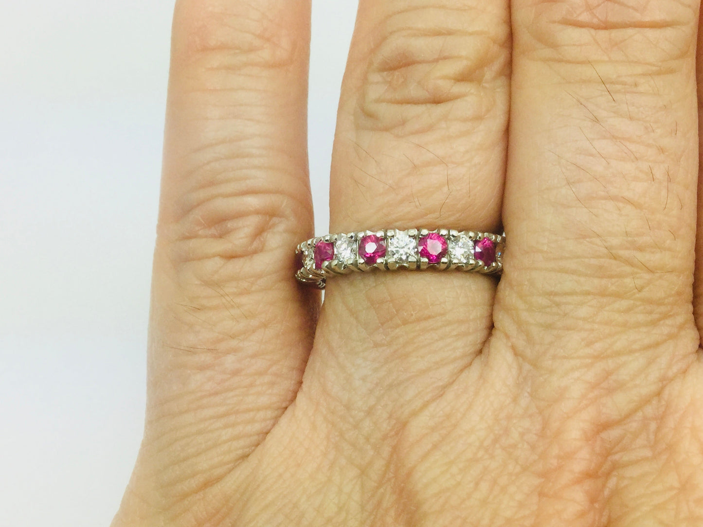 10k White Gold Round Cut 72pt Ruby July Birthstone & 72pt Diamond Eternity Band Ring
