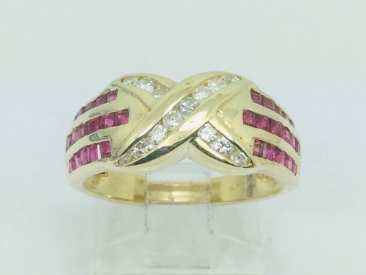14k Yellow Gold Round Cut 1.5ct Ruby July Birthstone 'X' & 28pt Diamond Channel Set Ring