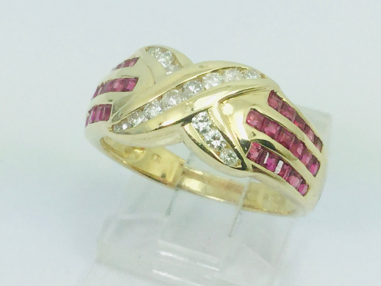 14k Yellow Gold Round Cut 1.5ct Ruby July Birthstone 'X' & 28pt Diamond Channel Set Ring