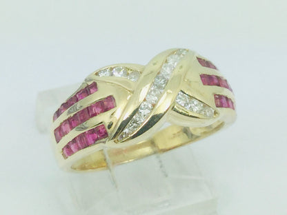 14k Yellow Gold Round Cut 1.5ct Ruby July Birthstone 'X' & 28pt Diamond Channel Set Ring