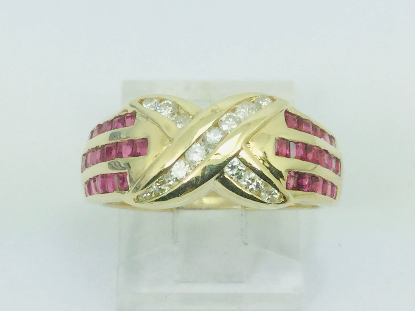 14k Yellow Gold Round Cut 1.5ct Ruby July Birthstone 'X' & 28pt Diamond Channel Set Ring