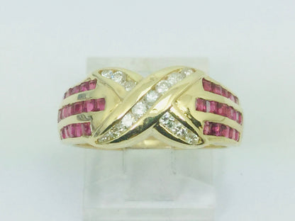 14k Yellow Gold Round Cut 1.5ct Ruby July Birthstone 'X' & 28pt Diamond Channel Set Ring