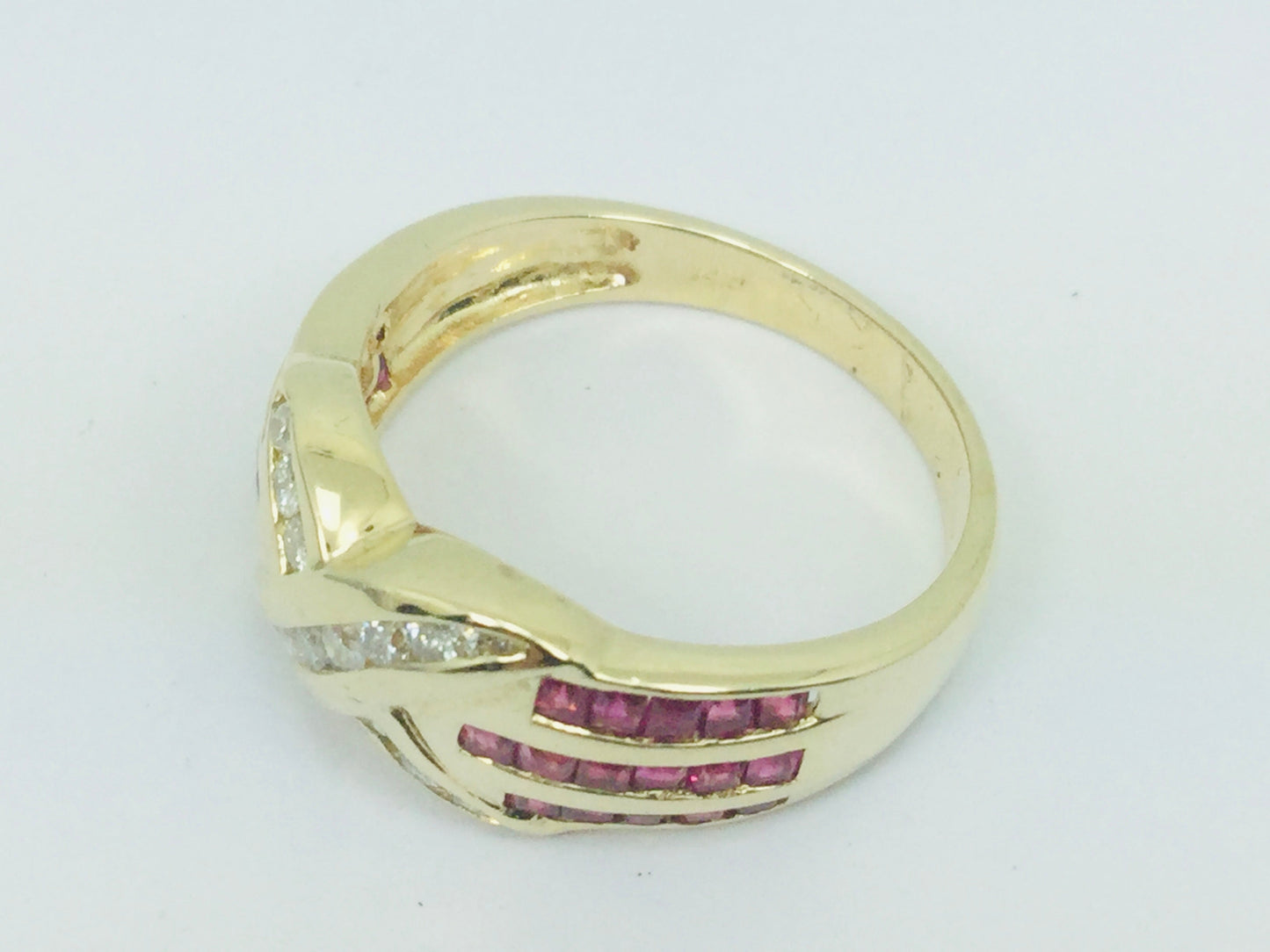 14k Yellow Gold Round Cut 1.5ct Ruby July Birthstone 'X' & 28pt Diamond Channel Set Ring
