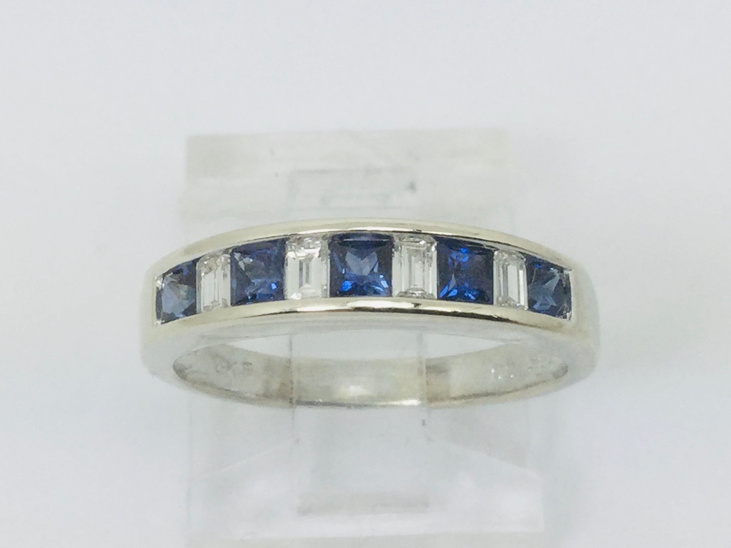 18k White Gold Princess Cut 50pt Sapphire & Baguette Cut 32pt Diamond Ring