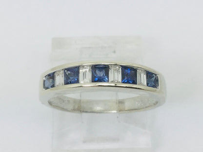 18k White Gold Princess Cut 50pt Sapphire & Baguette Cut 32pt Diamond Ring