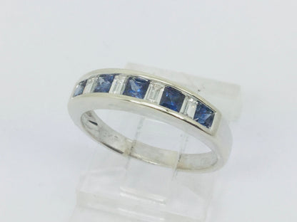 18k White Gold Princess Cut 50pt Sapphire & Baguette Cut 32pt Diamond Ring